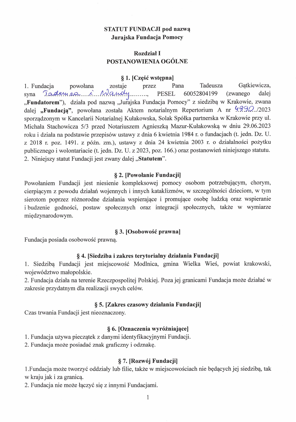 Statut Jurajskiej Fundacji Pomocy